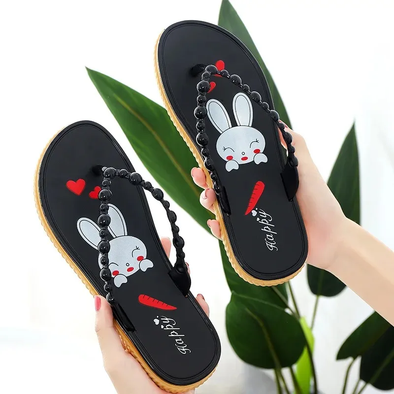 Cute PVC Rabbit Women's Slippers Non-Slip Thick Sole Bath Beach Sandals Summer Outdoor Casual Comfortable Flip Flops for Ladies