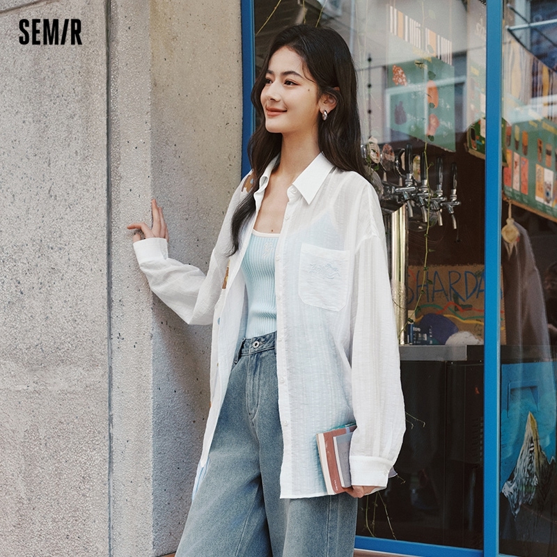 Semir Long Sleeve Shirt Women Mid-long Style Bowknot Slit Spring 2025 New Spring Oversize Textured Lightweight Blouse