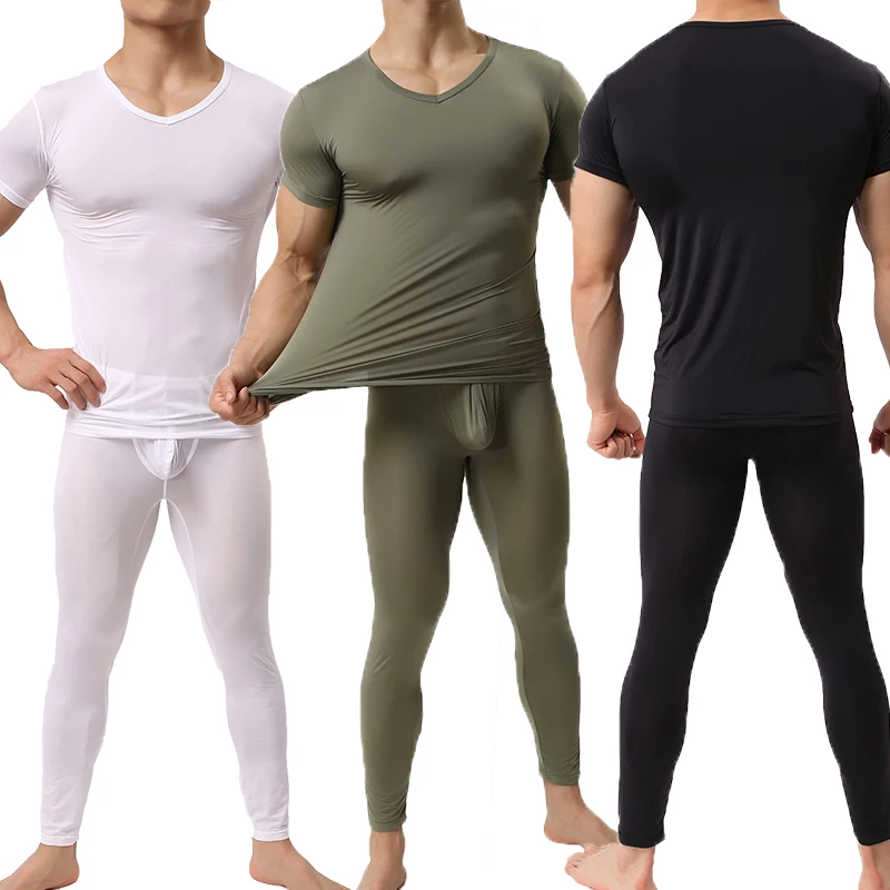 Men Ice Silk Undershirt+Pants Pajama Sets Silk Sleepwear Spring Nightwear Male 2 Pieces Sets Homewear