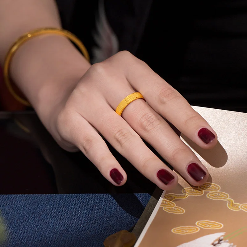 AU999 real gold 24k gold ring Chinese style retro couple ring holiday gift metal stamp 6