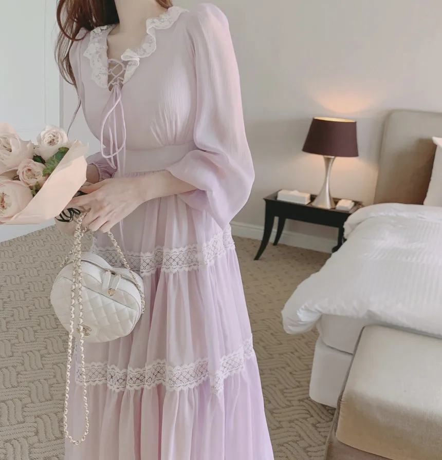 French Vintage Fairy Midi Dresses for Women Lantern Sleeve High Waist V-neck A-line Princess Party Dress Casual Female Vestidos