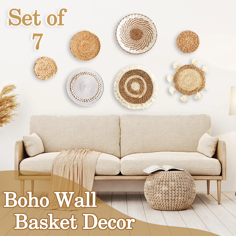 Decorazioni Parete Boho In Paglia - Set 7 Pezzi Rotondi Per Interni - Foto 5