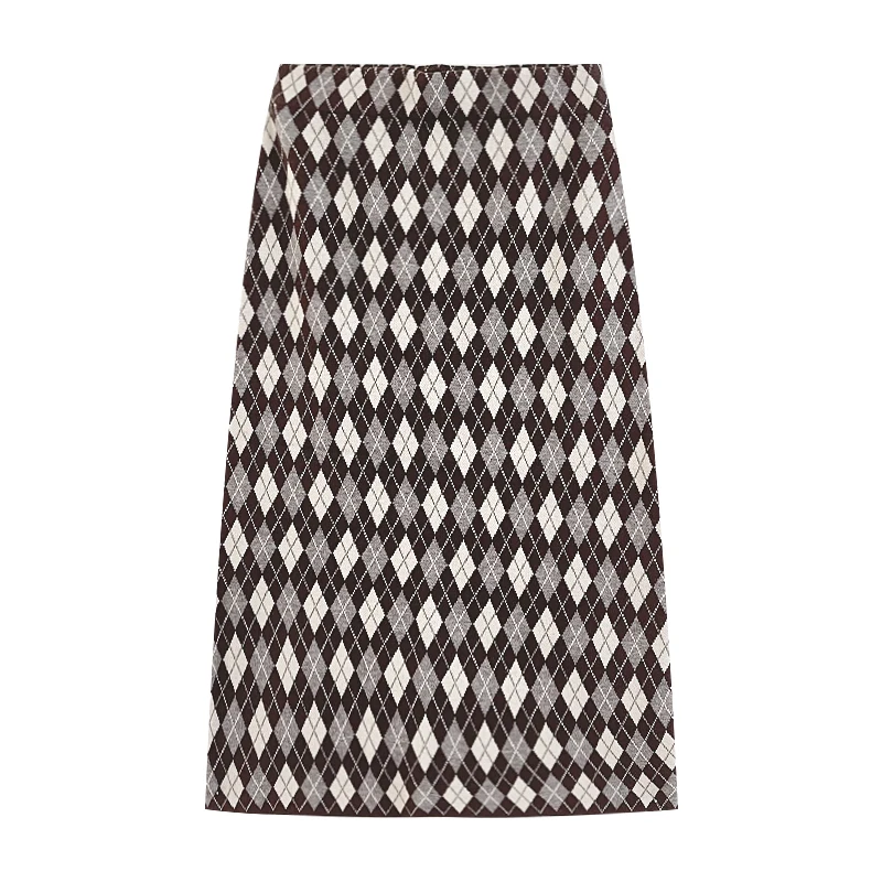 

Vintage autumn and winter fresh diamond plaid elastic high waist straight knitted skirt