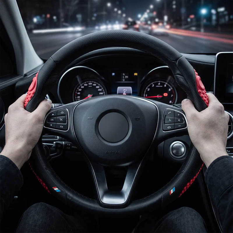 Tri-Color Comfort Grip Car Steering Wheel Cover with Red Massage Accents