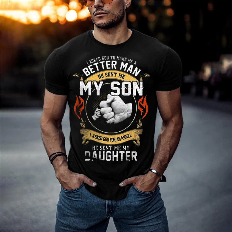 

Summer men's casual retro 3D full body printed short sleeved street text black T-shirt