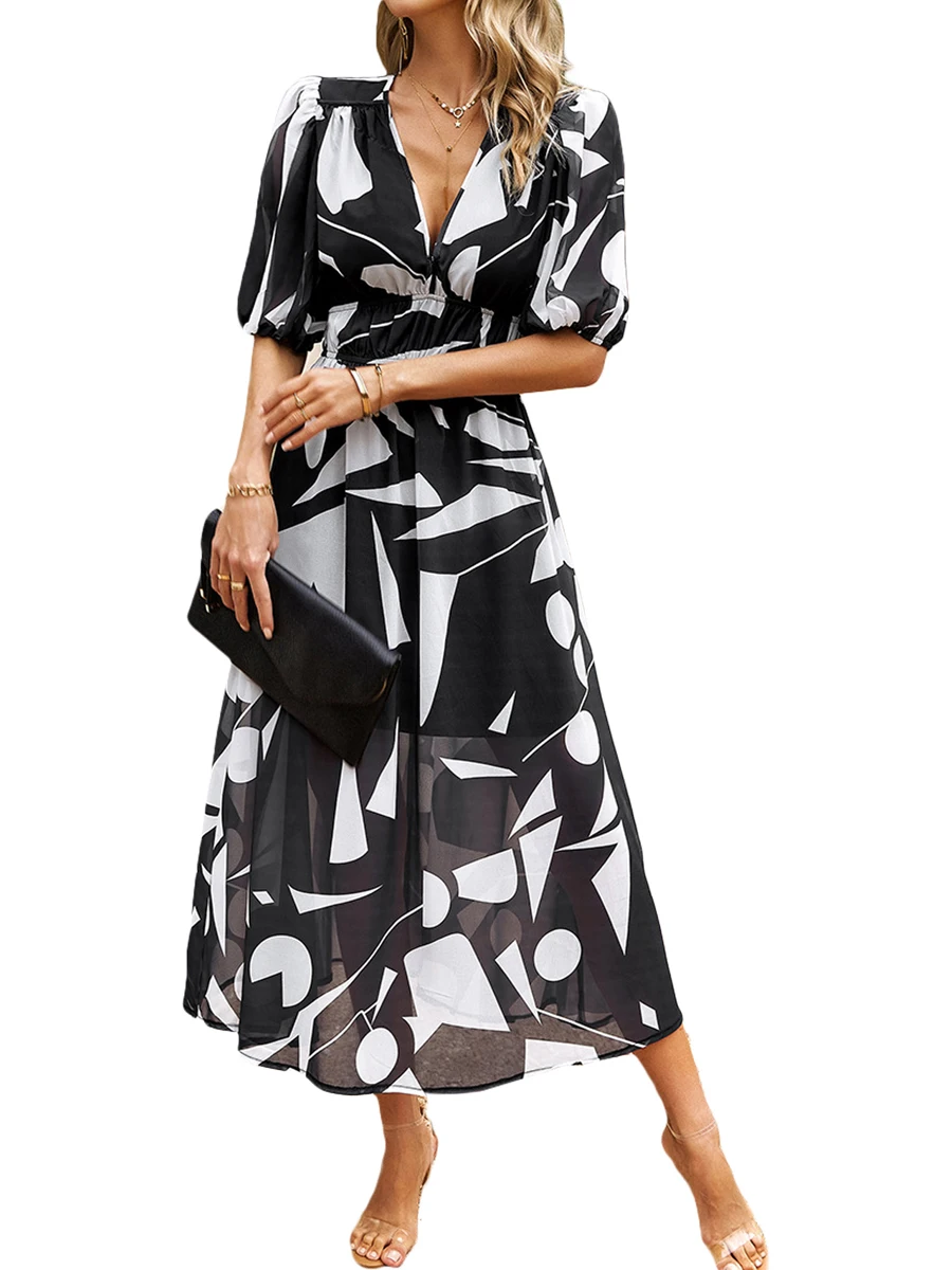 

Women s Elegant Floral Print Maxi Dress with Short Sleeves and V-Neckline Perfect for Summer Beach Parties and Vacations