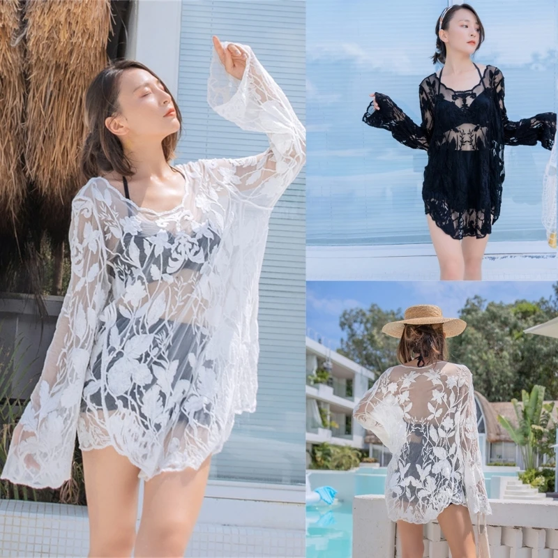 

Women Swimsuit Sunscreen Cover-Ups Tassel Long Sleeve Beachwear Dress Hollow Out Beachwear Shawl Vacation Bikini Cover