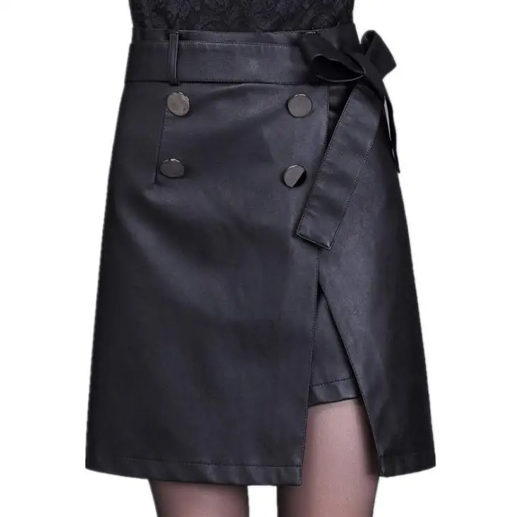 Women'S Leather A-Line Skirts High Waist Spring Autumn Vintage Large Size Sashes Mid Skirts Female Leather blue skirt Skirts