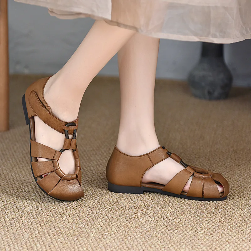 

Women New Genuine Cow Leather Flat Sandals Lady Comfortable and Breathable Hollow Out Shoes