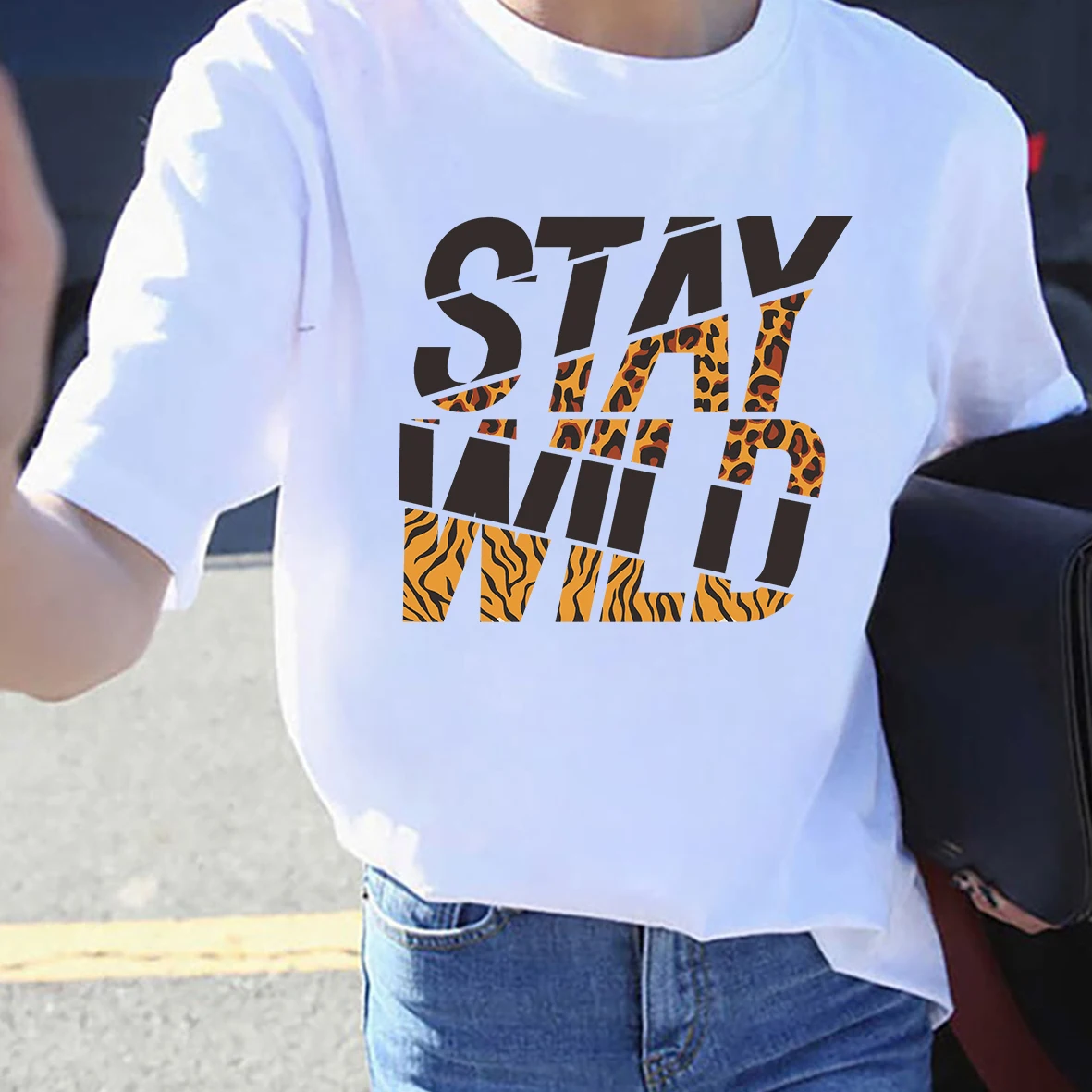 

BLINGPAW Graphic T Shirts STAY WILD Letter Print Leopard T-shirt White Cotton Summer Tee Harajuku Woman Tshirts Tops for Women