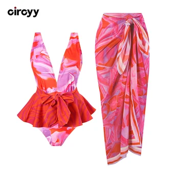 Circyy One Piece Swimsuit Women Low Cut Bathing Suit Ruffled Lace Up Bodysuit Print Red Chiffon Skirt Summer 2025 New Bikini Set