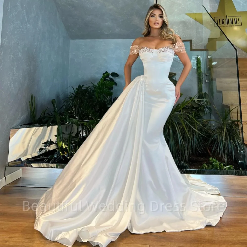 

Graceful Satin Mermaid Wedding Dresses Illusion Pearls Off Shoulder Wedding Dress Sweep Train Bridal Gowns Robe De Mariee