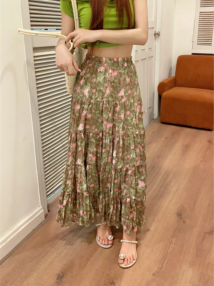 

Женская свободная юбка макси с цветочным принтом, повседневная Нежная Милая уличная одежда с высокой талией, 2023