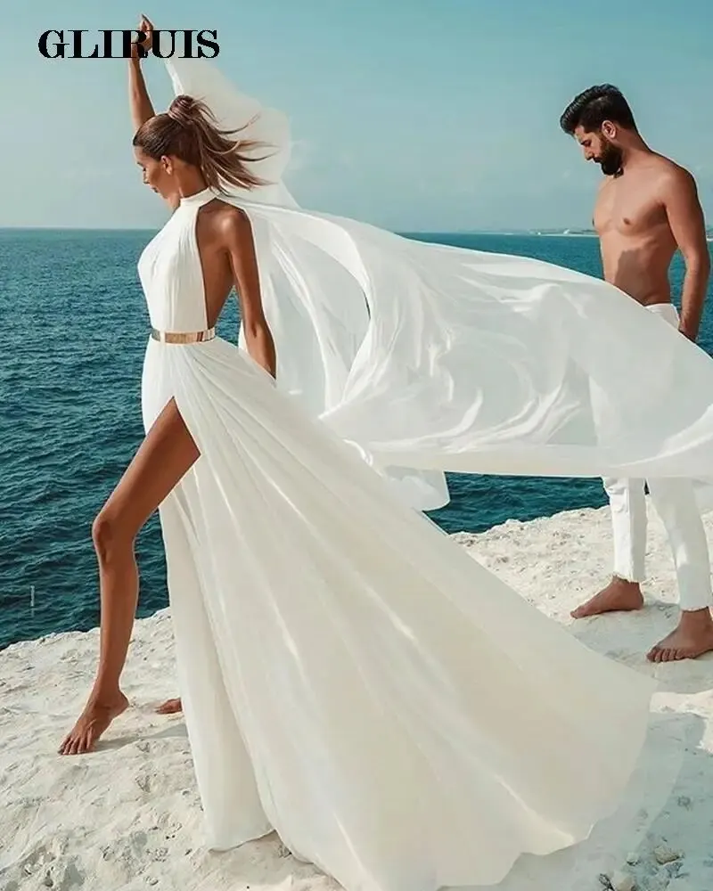 

Simple Beach Wedding Dress 2022 Sexy Backless A Line Ivory White Chiffon Halter Neck Wedding Gowns Long Dress Formal Robe Party