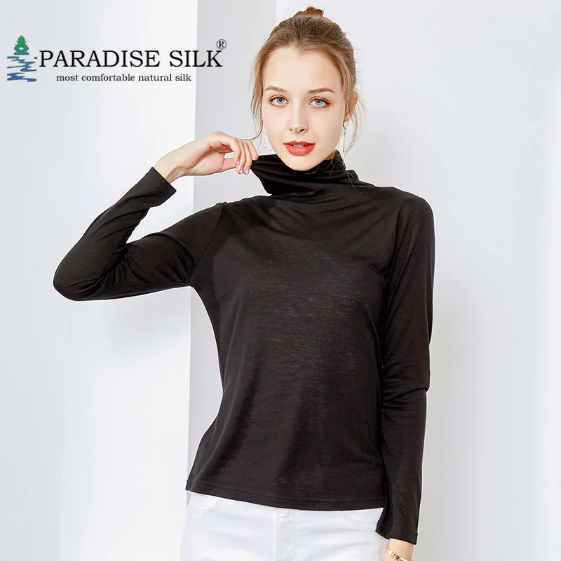 Womens High Neck Base Layer Sheer Wool Silk Blend Pullover Sweater