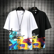 

2022New Men's Summer Cotton Short Sleeve Landscape Calligraphy and Painting Printing Loose Trendy Half SleeveTT-shirt