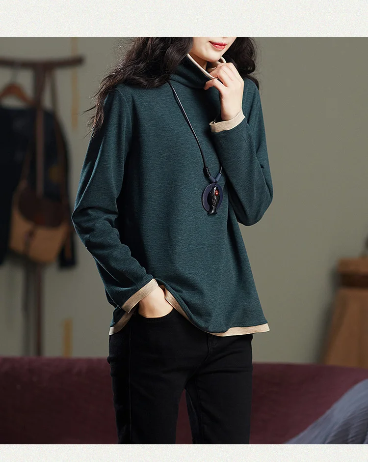 Amax luluE 2025 Turtleneck Loose Long Sleeve Tee Shirt Women Casual Green Tops Female Clothes Solid Color Basic Winter T-shirts