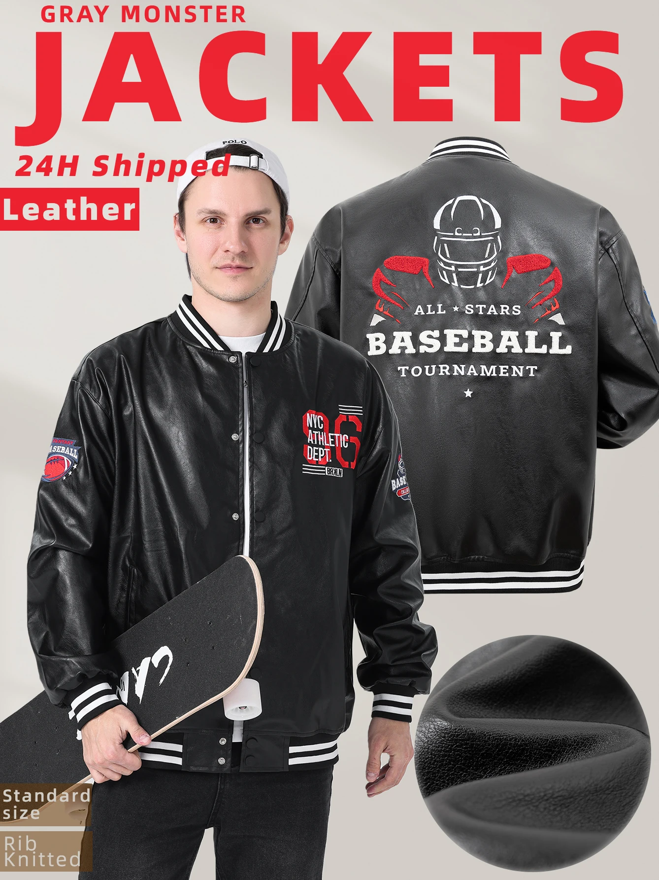 Men's Faux Leather Motorcycle Jackets Football Embroidery Biker Outerwear 24H shipped Spring & Autumn Loose Baseball Coats