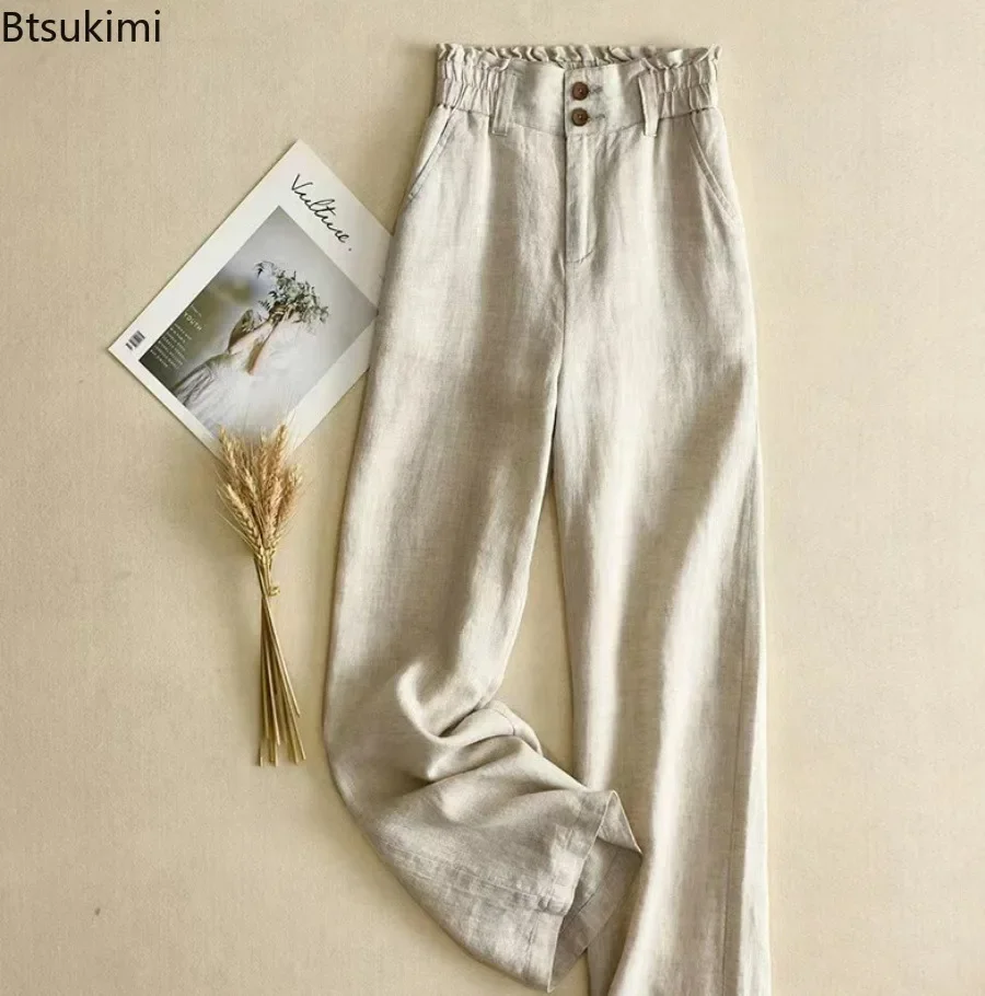 New 2024 Women's Casual Cotton Linen Trousers High Waist Solid Wide Leg Pants Female Spring Summer Ladies Vintage Thin Trousers