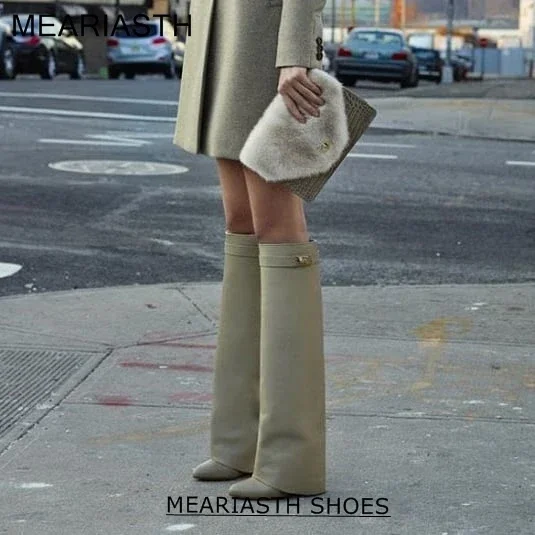 

Silver Metal Shark lock Knee high Boots black Women Pointed Toe Leather Wedge Increase Height High Heel Shoes Over The Knee boot