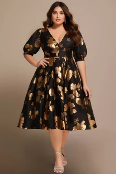 Plus Size Gold Floral Puff Sleeve Empire Waist Dress