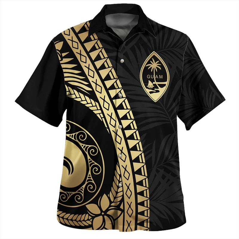 남성용 빈티지 3D 프린팅 GUAM 아일랜드 국기 셔츠, GUAM 코트 오브 암 그래픽 짧은 셔츠, 멋진 패션 의류