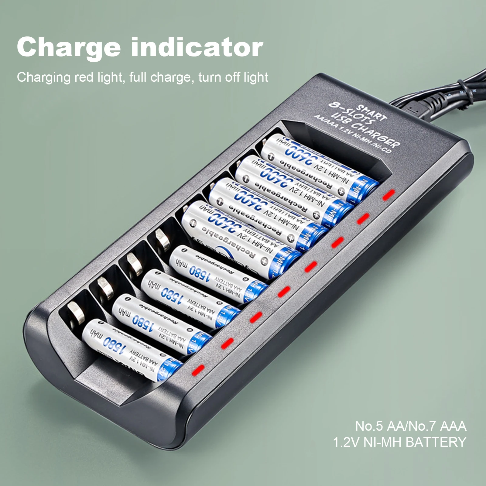 8-Slot Smart Battery Charger For 1.2V Ni-MH AA/AAA Rechargeable Batteries USB Plug And Play Battery Charging Dock