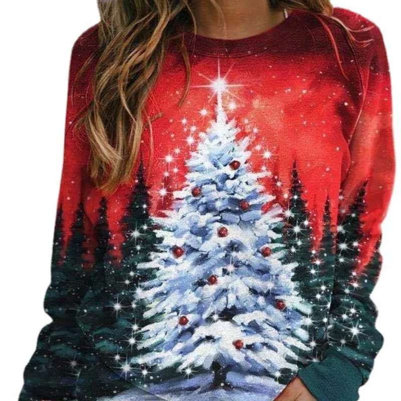 Spring and Autumn Women's Pullover Round Neck Christmas Letter Cartoon Printed Sweatshirt Bottom Sweatshirt Fashion Casual Tops