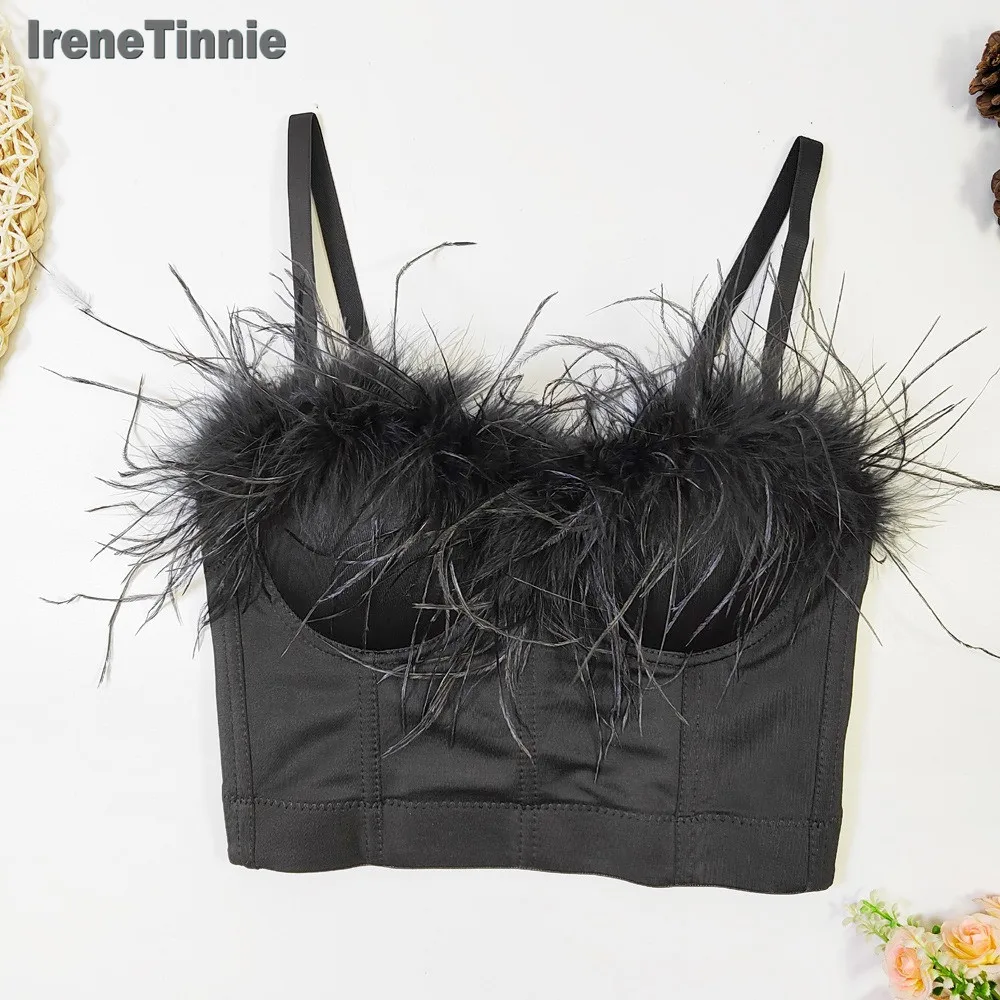 

IRENE TINNIE 2024 New Lady Sexy Clothes Feather Corset Fashion Strap Plush Backless Slim Sheer Underwear Mesh Vest Tank Top