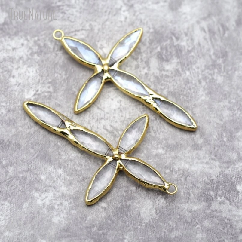 

10Pcs Wholesale Soldered Cross Jesus Christian Handmade Jewelry Gold Color Faceted Clear Tin Glass Crystal Pendant PM30105