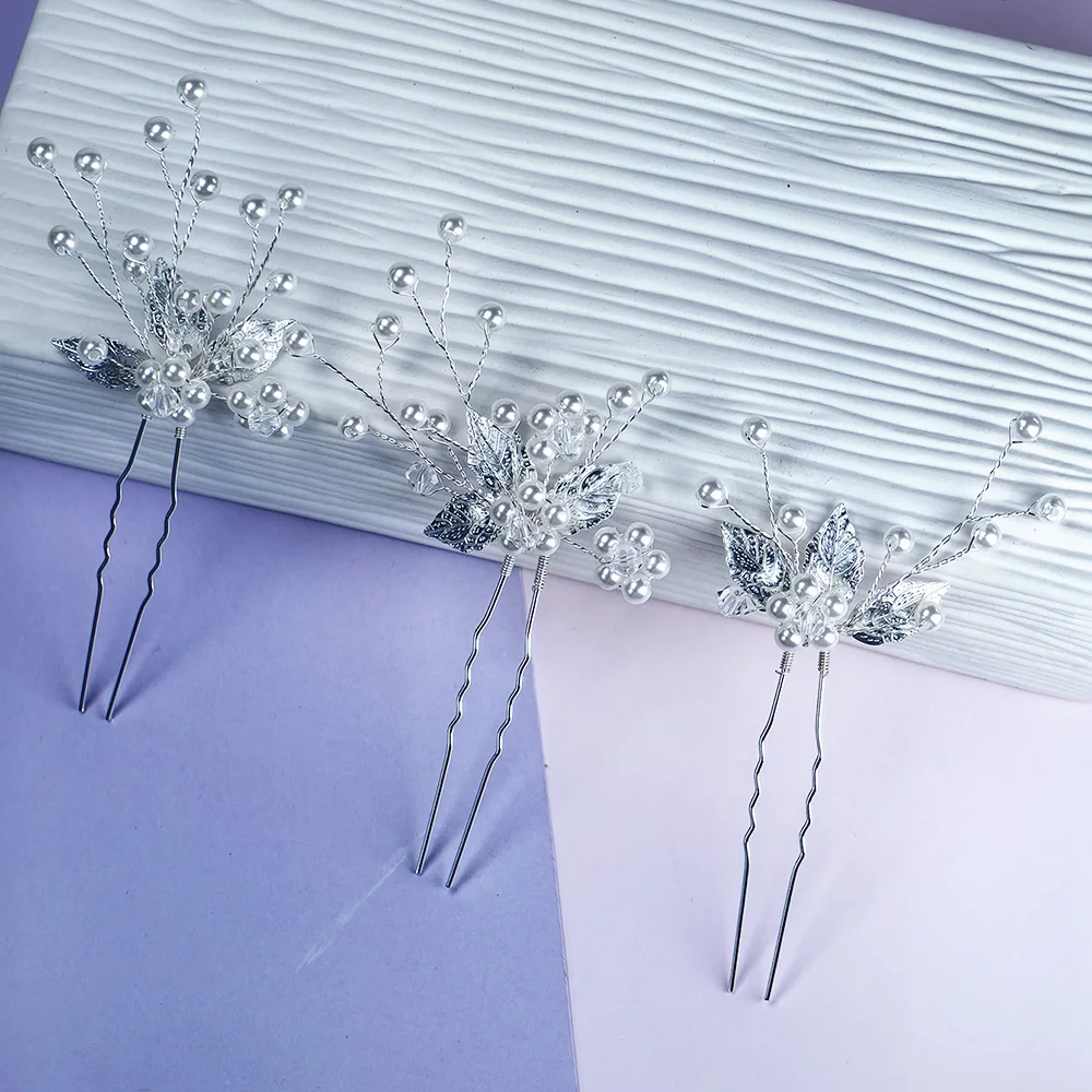 Flower Bridal Wedding Hairpin Silver Leaf Bridal Hair Ornament Rhinestone Hair Ornament for Women & Girls (Set of 3)