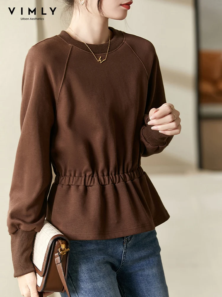 Vimly Round Neck Pullovers Peplum Sweatshirt Women 2023 Autumn Winter Fashion Coffee Long Sleeve Tops Female Clothing V3817