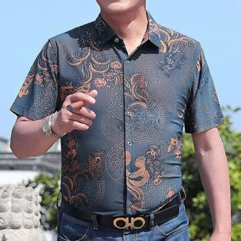 Summer Clothes for Men Shirt Short Sleeve Ice Silk Turn-down Collar Blouse Loose Large Printing Button Fashion Elegant Tops