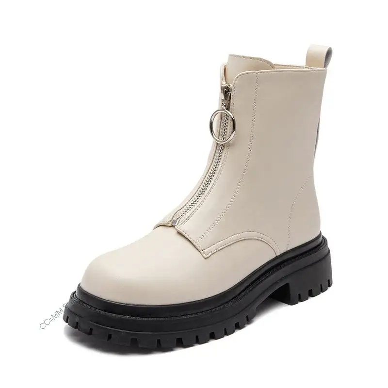 New Ankle Boots Split Leather Women Flat Platform Short Booties Fashion  Motorcycle Autumn Winter Boots