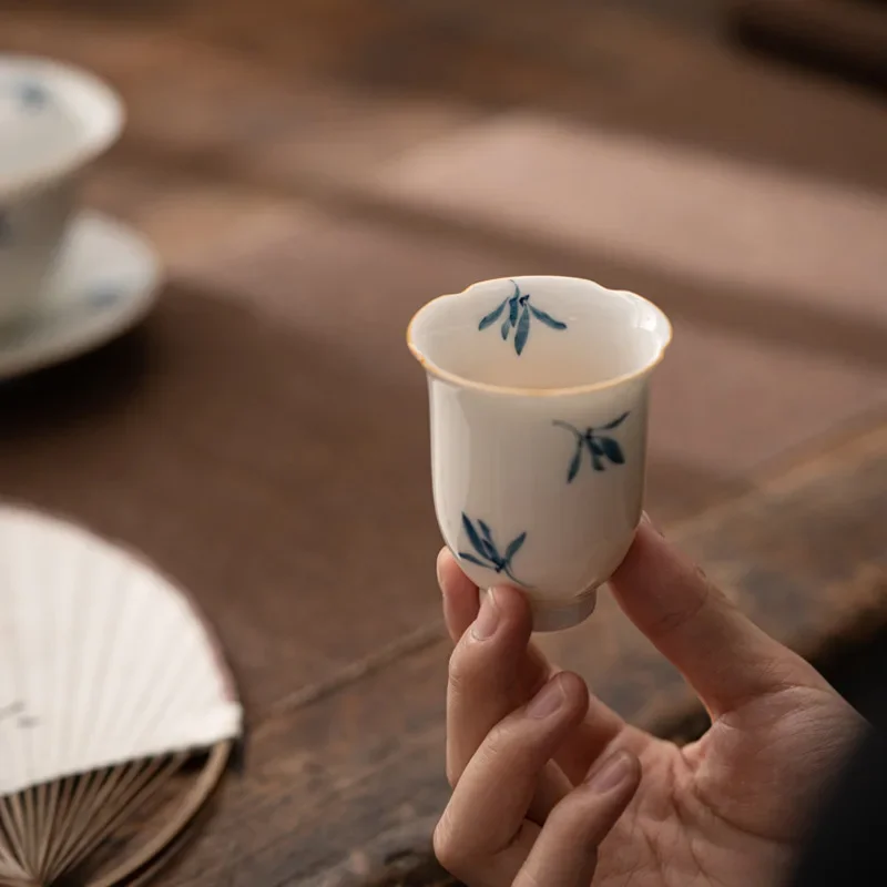 Hand Painted Phalaenopsis Tea Cup Single Cup Household Tea Savoring Porcelain Kung Fu Set White Fragrance-Smelling