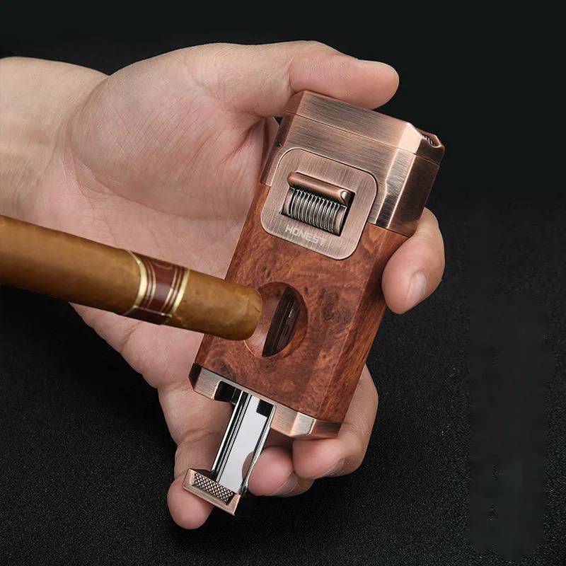 2024 Unique Cigar Lighter With V Cutter Cigar Holder Double Jet Flame Butane Refillable Torch Lighter Luxury Cigar Accessories 3