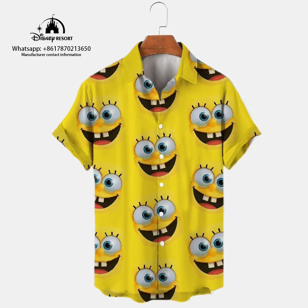 2024 new Harajuku casual trend all-match shirt tops men's lapel short-sleeved single-breasted summer SpongeBob cartoon y2k 2