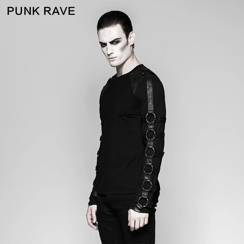 PUNK RAVE Men's Gothic Daily Wear Knited Broken Holes Long Sleeve T-shirt  Punk Harajuku Loose Black Tops Spring Autumn