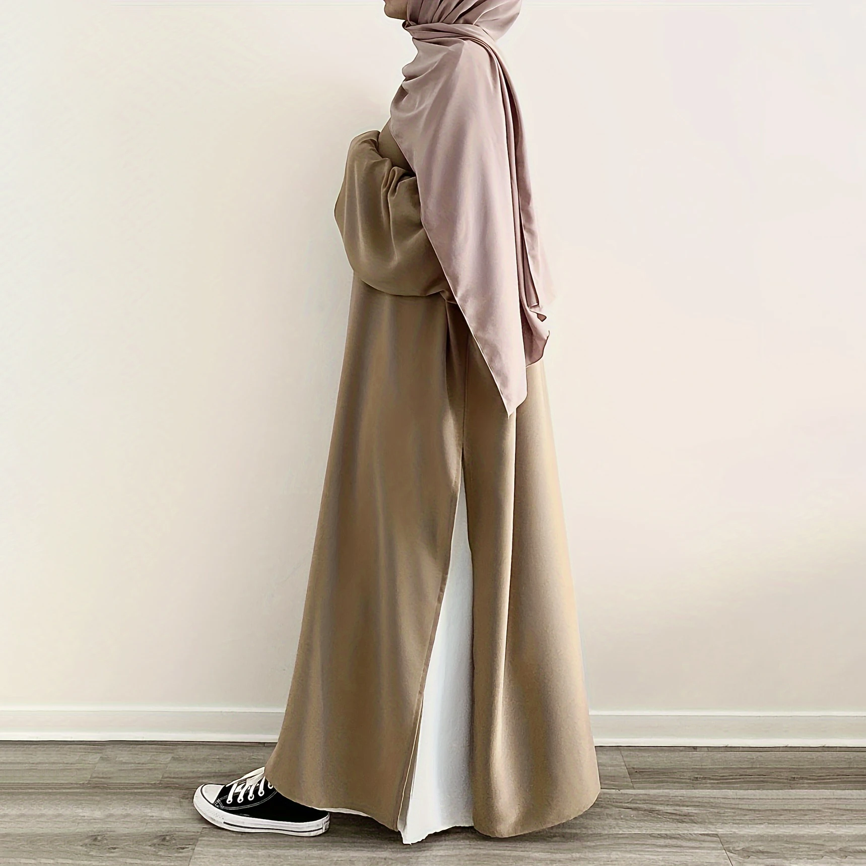 Ramadan Solid Split Crew Neck Abaya, Elegant Long Sleeve Kebaya, Maxi Length Dress Kaftan, Islam Women's Clothing(Single piece)