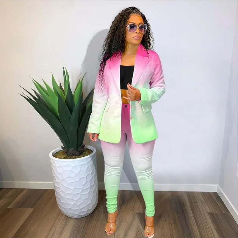 

Indie Gradient Two Piece Set Blazer Women Fashion Single Breasted Blazer Pant Suits New All Match Casual Commute Trousers Set