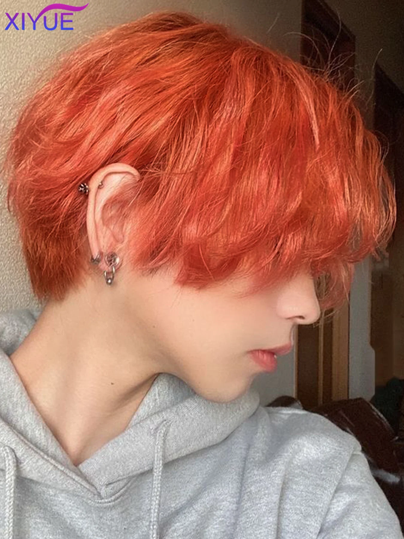XIYUE Short Straight Cosplay Men Boy Party Orange Light Yellow Synthetic Heat Resistant Hair Wigs Men's Breathable Wig