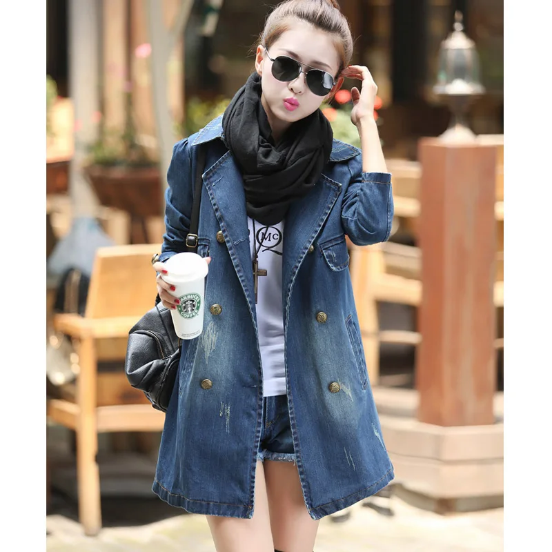 

Jeans Jacket for Women 2023 Autumn Fashion Polo Mid Length Casual Double Breasted Belt Denim Trench Coat Women Jacket
