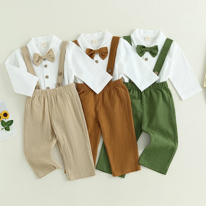 

SUNSIOM, детская одежда для мальчиков, рубашка с длинным рукавом, пуговицами и галстуком-бабочкой и брюки на бретелях, официальный костюм, Весенняя и осенняя одежда