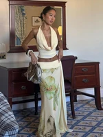Weird Puss Elegant Women 3 Piece Set Stack Trend Halter Tops+Split Tassel Tassel+Flowers Mesh Skirts Matching Vacation Clubwear