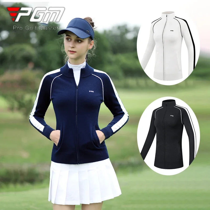 PGM Women Keep Warm Golf Jacket Winter Ladies Knitted Stand Collar Sweater Women Slim Long Sleeve Cardigan Full Zipper Golf Coat