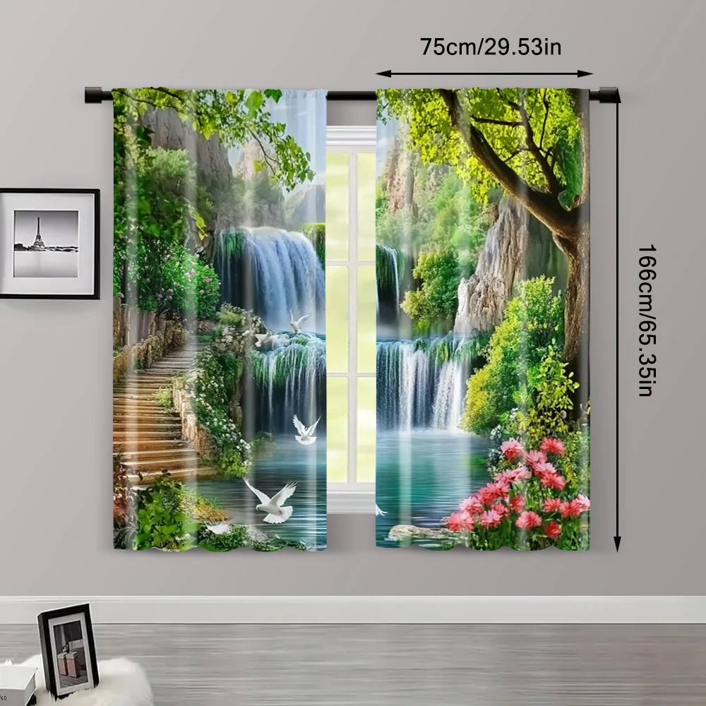 2pc, Window Curtains Beautiful forest waterfall scenery Durable 100% Polyester Fabric,Without Electricity Spring Party & Holiday 3