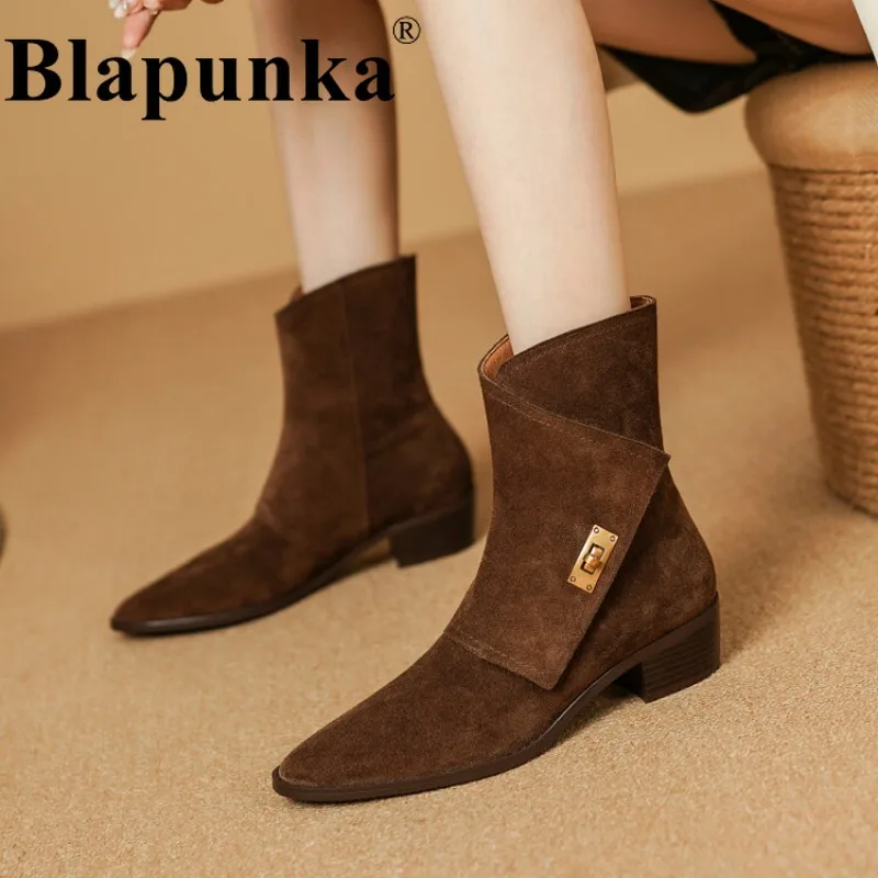 

Blapunka Women Cow Suede Boots High Quality Designer Metal Lock Short Boots Winter Ladies Pointed Toe Block Medium Heels Shoe 39