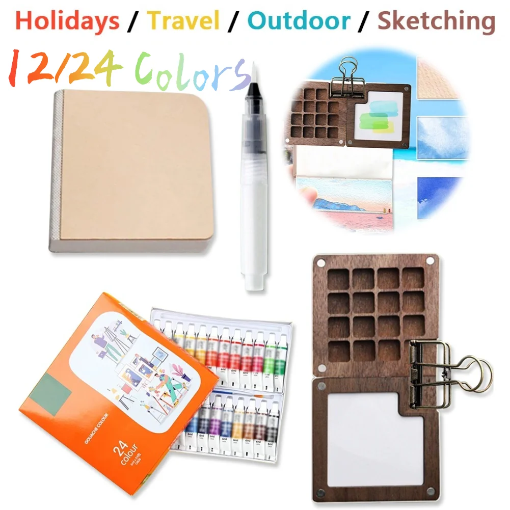 Portable Travel Paint Palette Mini Watercolor Palette Set with Clip Portable Watercolor Set Wooden Grid Paint Box Gift for Kids portable watercolor set