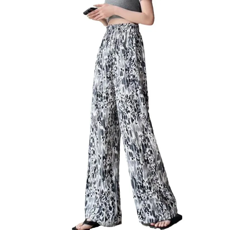 Japanese Style Korean Summer Pants Women's Elastic Ruched Tie Dye Printing Straight Loose Casual High-waisted Wide Leg Trousers