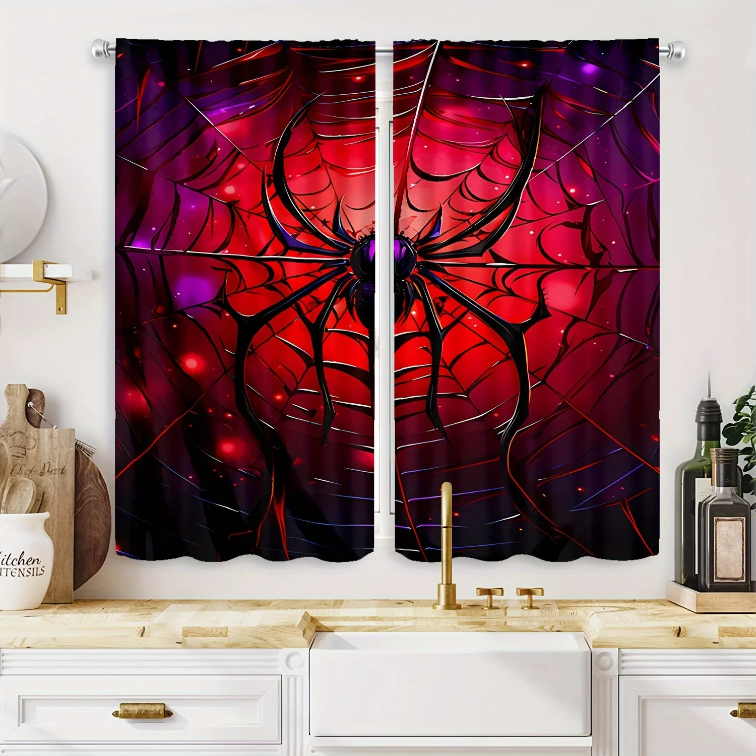 

2pcs Black Spider Red Department HD Digital Printed Curtains Home Decor Living Room Bedroom Rod Pocket Curtain Effect Style Bed